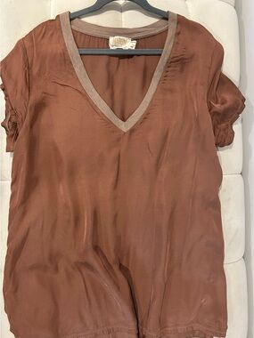 Nation LTD Brown V-Neck Satin Blouse with Taupe Trim
